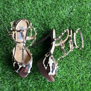 JORGE ALEX Leopard Print Gold Studded Calf Hair Heels size 38 EU/ US 7.5 women